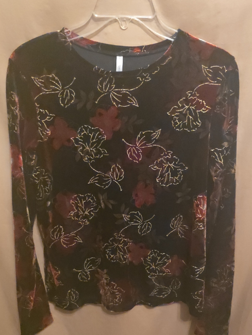 Black Floral Velvet Long Sleeve Top M